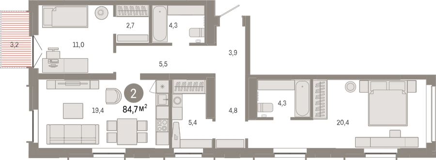 2-комнатная квартира с отделкой в ЖК Республики 205 на 4 этаже в 3 секции. Сдача в 1 кв. 2026 г.
