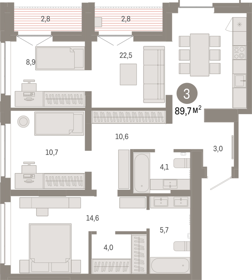 3-комнатная квартира с отделкой в ЖК Республики 205 на 14 этаже в 3 секции. Сдача в 1 кв. 2026 г.