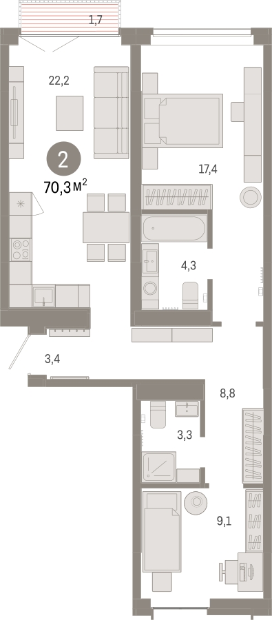 1-комнатная квартира в ЖК Приморский квартал на 5 этаже в 2 секции. Сдача в 2 кв. 2025 г.