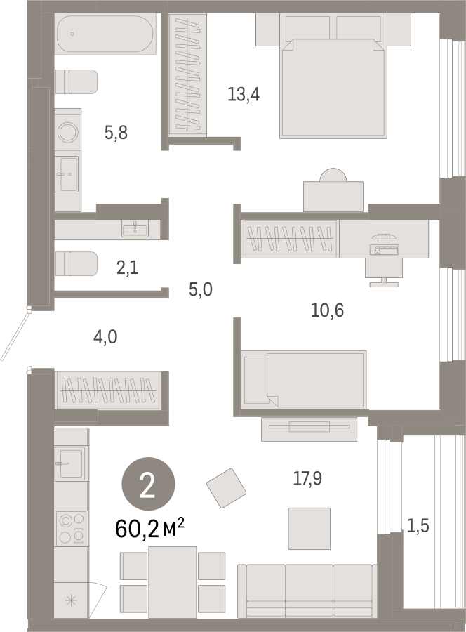 2-комнатная квартира с отделкой в ЖК Дом на Зорге на 7 этаже в 1 секции. Сдача в 1 кв. 2026 г.