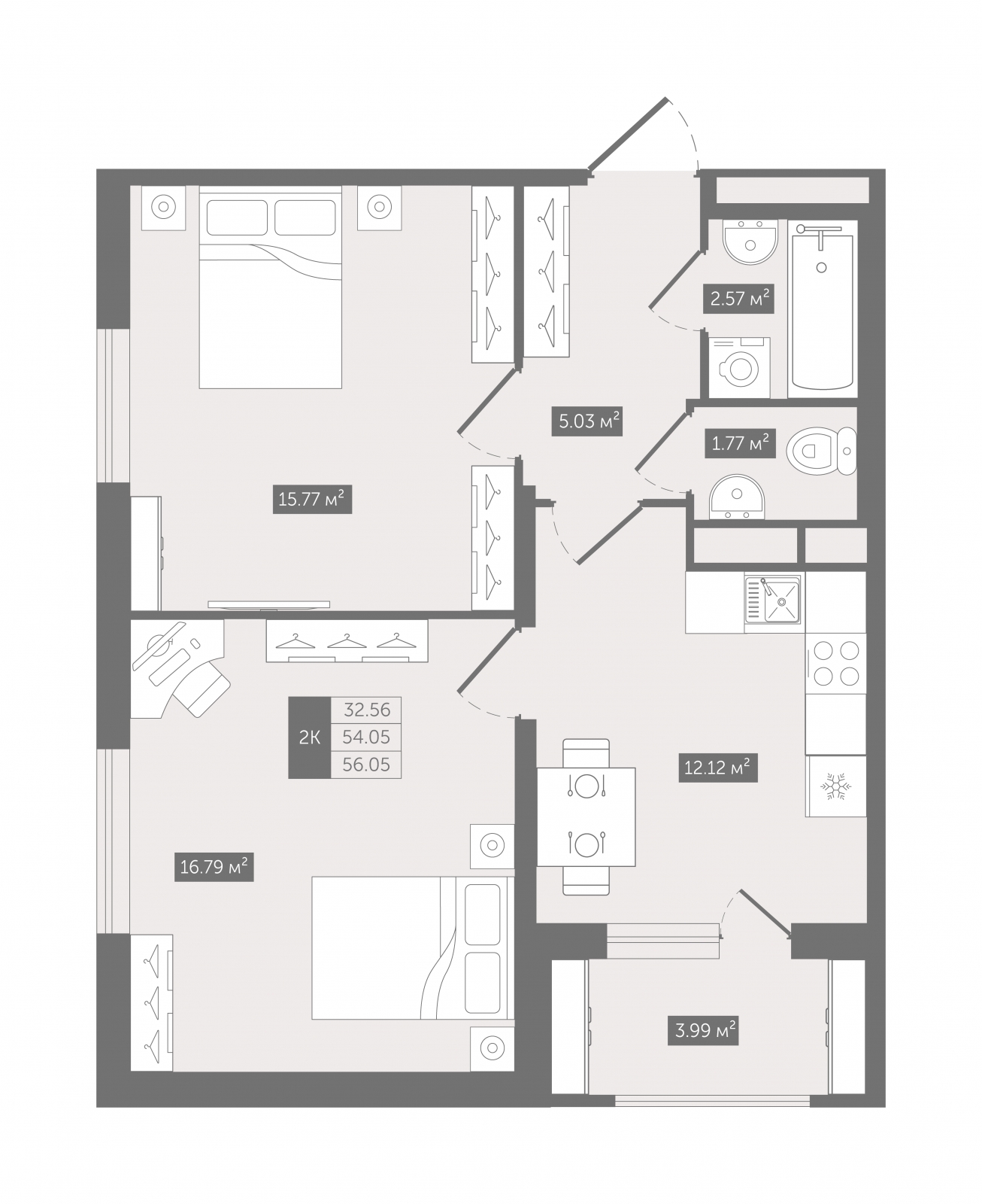 2-комнатная квартира в ЖК А101 Всеволожск на 7 этаже в 2 секции. Сдача в 3 кв. 2025 г.