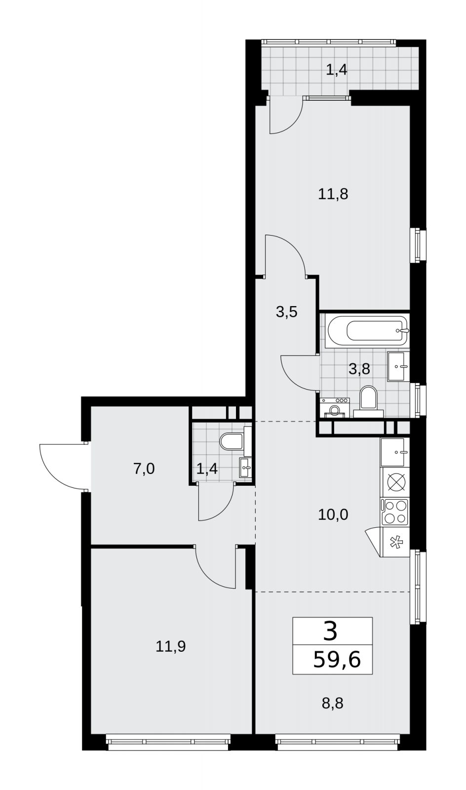 3-комнатная квартира с отделкой в ЖК Республики 205 на 6 этаже в 3 секции. Сдача в 1 кв. 2026 г.
