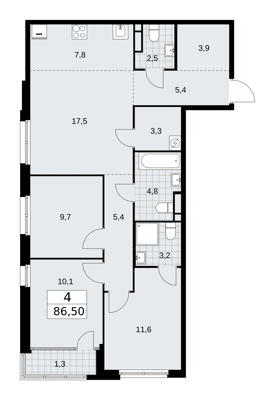 3-комнатная квартира с отделкой в ЖК Республики 205 на 7 этаже в 5 секции. Сдача в 1 кв. 2026 г.