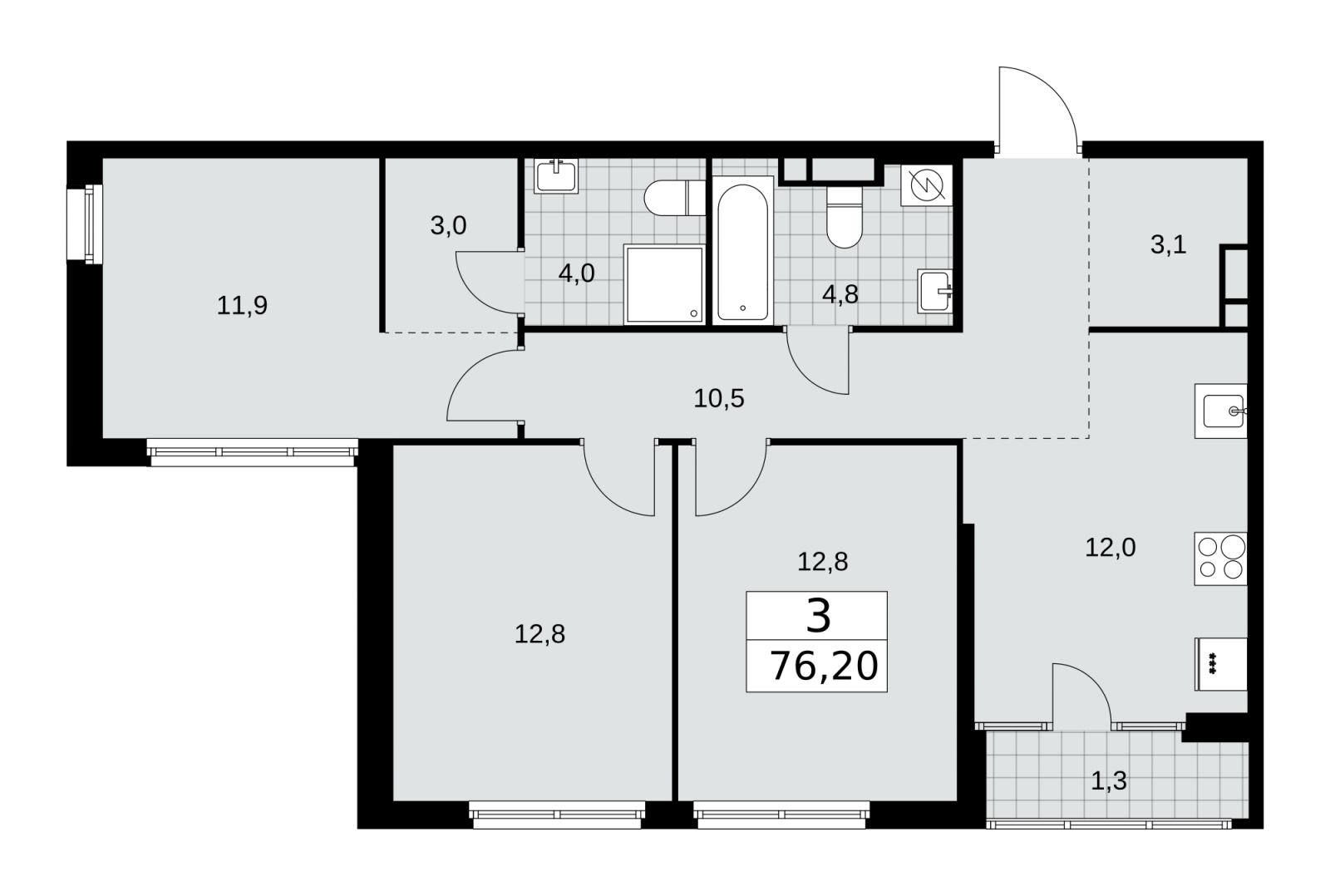 3-комнатная квартира с отделкой в ЖК Республики 205 на 13 этаже в 6 секции. Сдача в 4 кв. 2025 г.