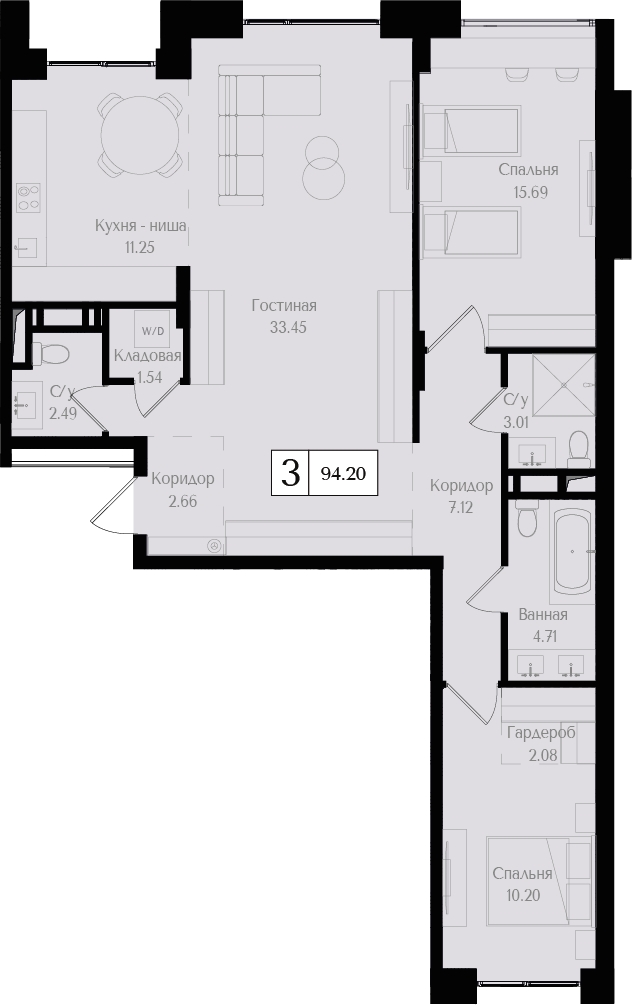 3-комнатная квартира с отделкой в ЖК Республики 205 на 7 этаже в 8 секции. Сдача в 1 кв. 2026 г.