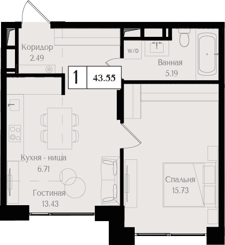 1-комнатная квартира (Студия) в ЖК Родные кварталы на 3 этаже в 2 секции. Сдача в 3 кв. 2026 г.