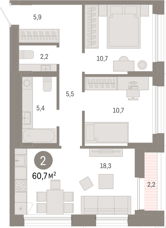 2-комнатная квартира с отделкой в ЖК А101 Лаголово на 5 этаже в 2 секции. Сдача в 1 кв. 2026 г.