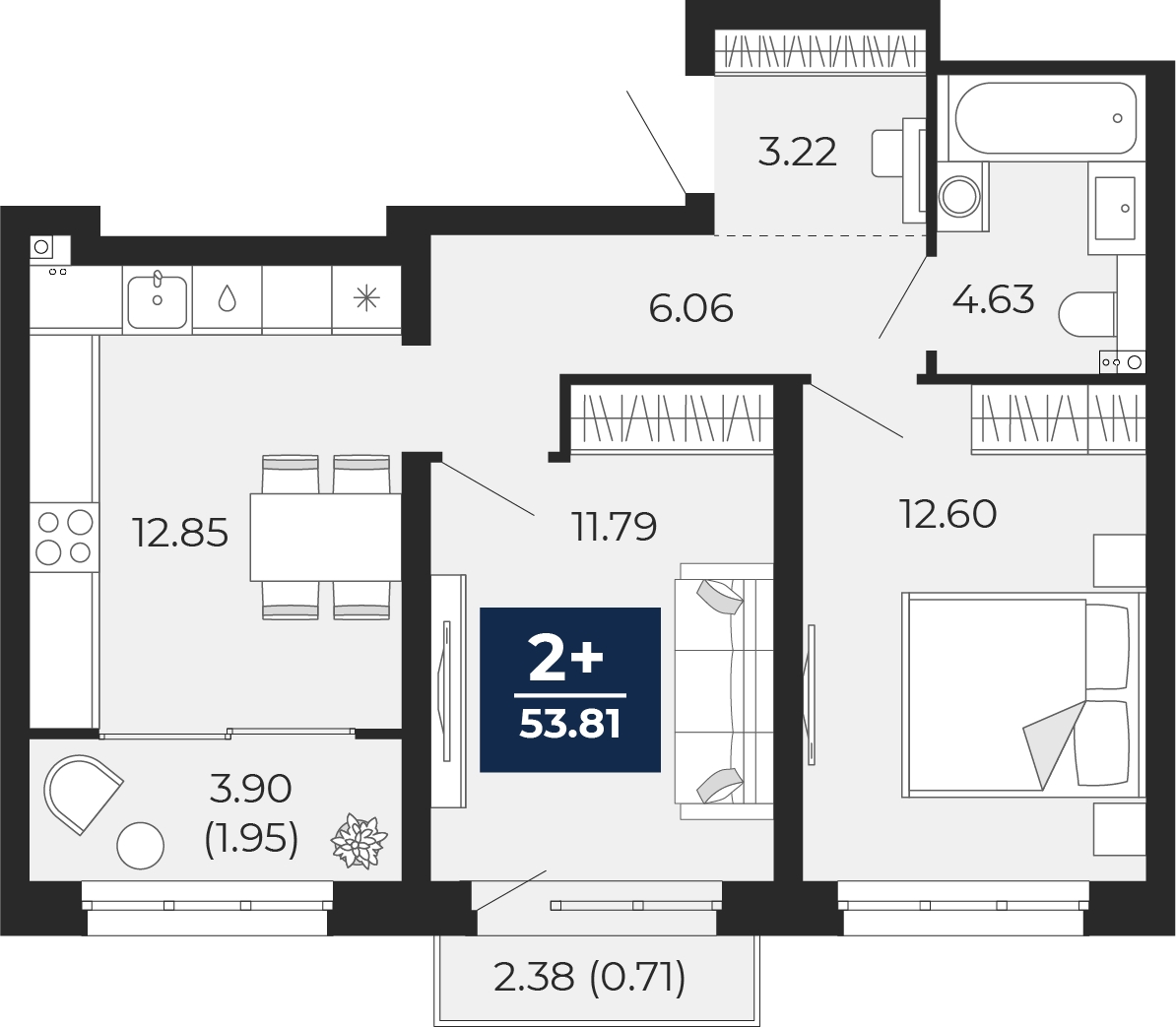 2-комнатная квартира в ЖК Кислород на 1 этаже в 1 секции. Сдача в 2 кв. 2025 г.