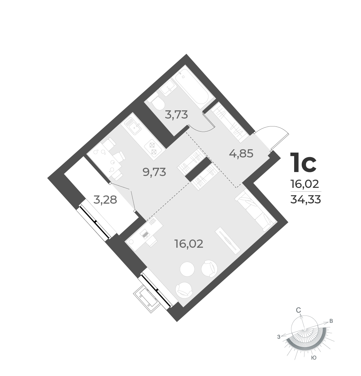 2-комнатная квартира в ЖК Беринг на 11 этаже в 4 секции. Сдача в 4 кв. 2025 г.