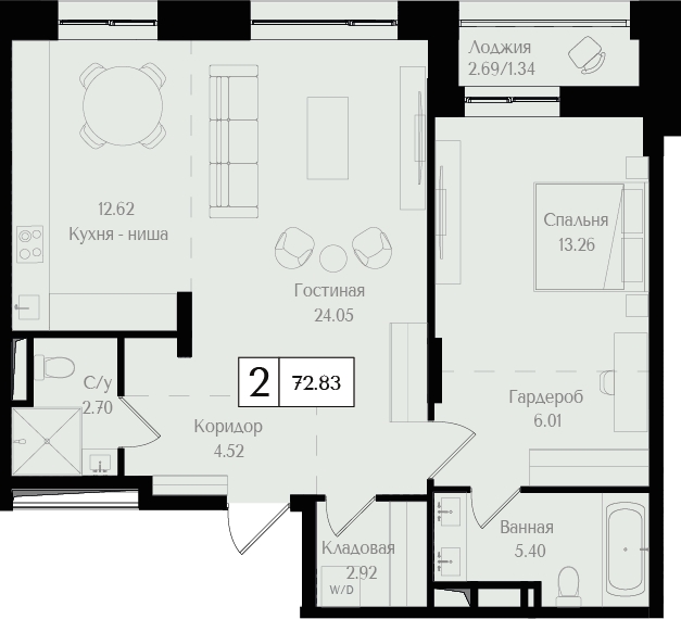 2-комнатная квартира с отделкой в ЖК Дом на Зорге на 7 этаже в 2 секции. Сдача в 1 кв. 2026 г.