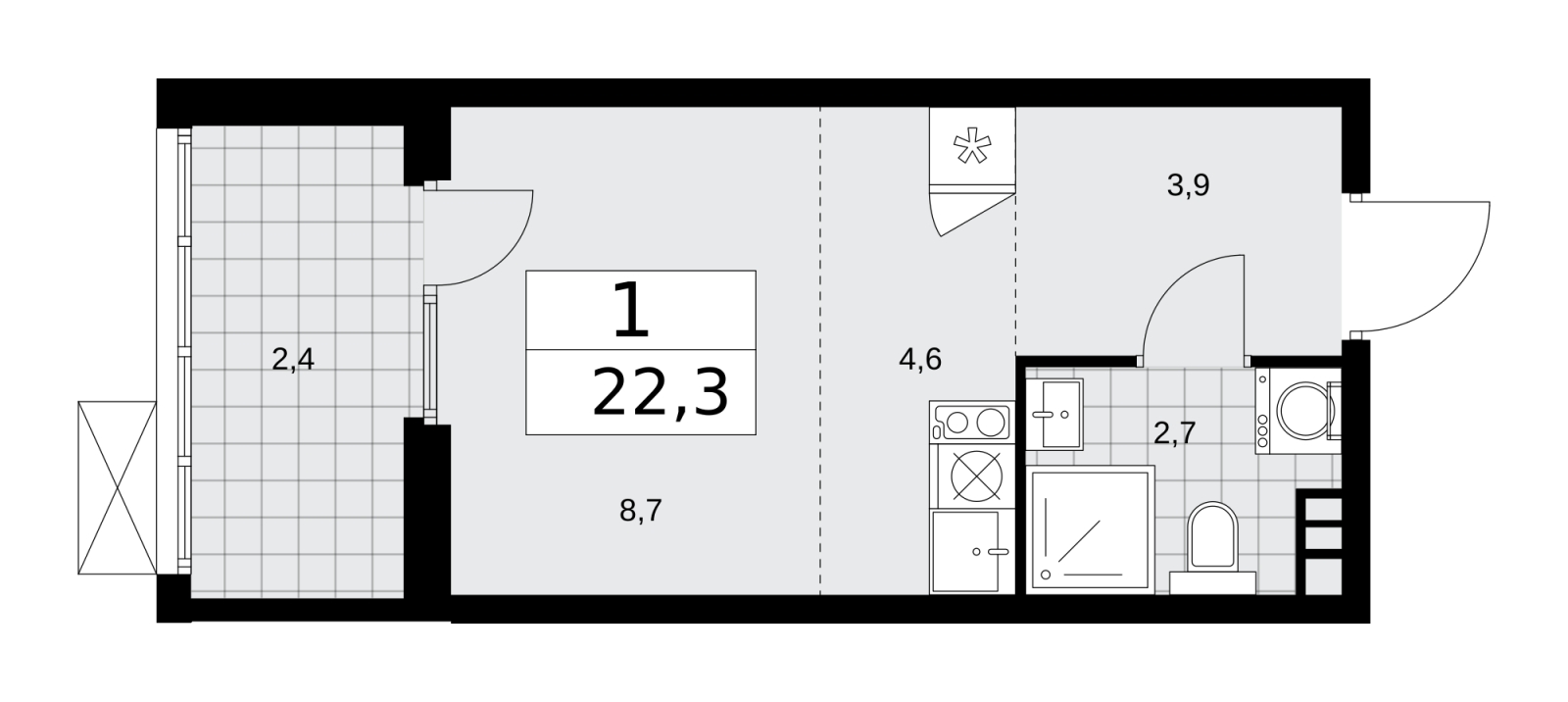 1-комнатная квартира с отделкой в ЖК Республики 205 на 9 этаже в 1 секции. Сдача в 4 кв. 2025 г.