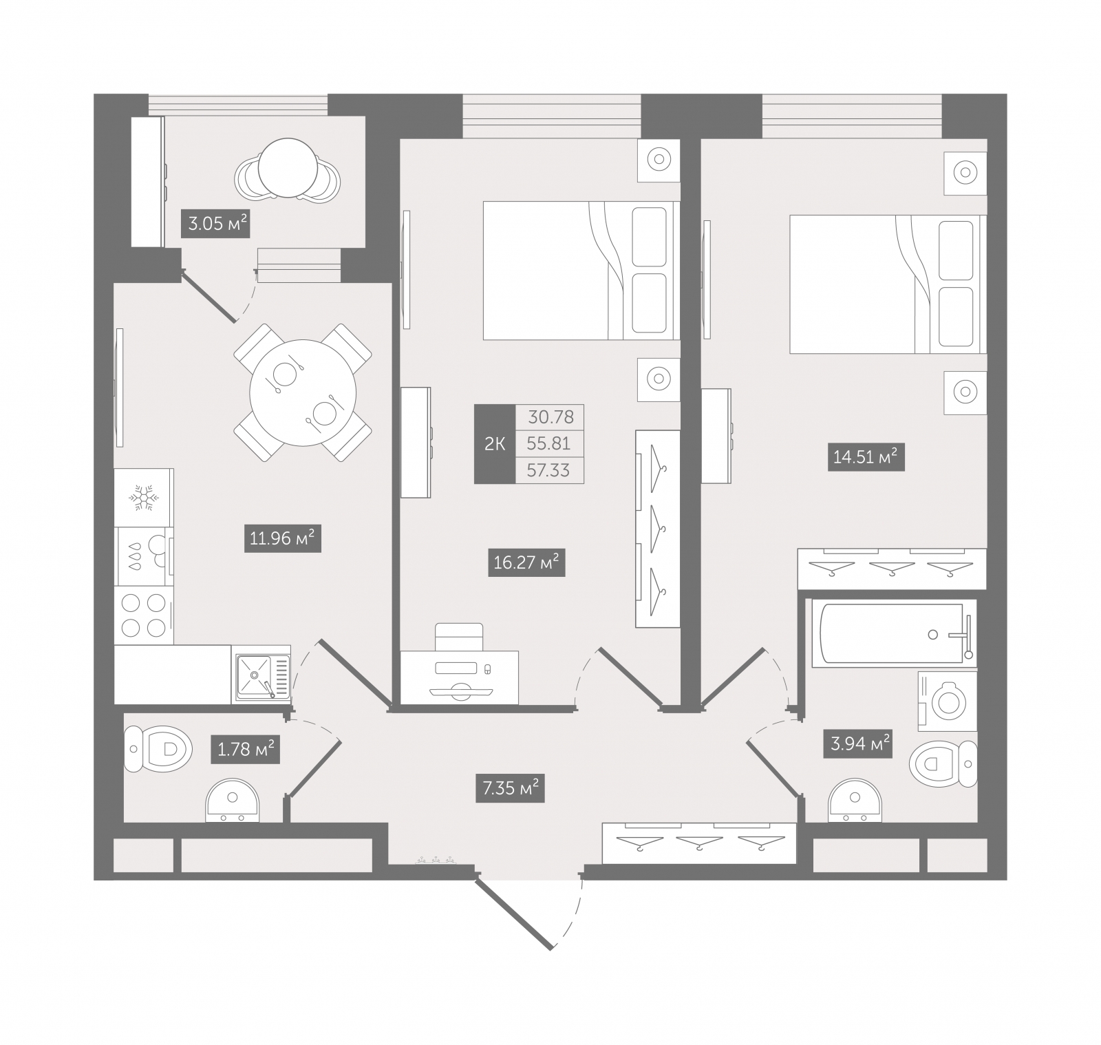 2-комнатная квартира с отделкой в ЖК Новая Ливадия на 2 этаже в 1 секции. Сдача в 1 кв. 2026 г.