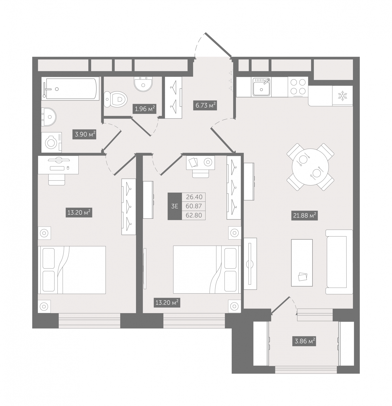 2-комнатная квартира с отделкой в ЖК Дом на Зорге на 14 этаже в 2 секции. Сдача в 1 кв. 2026 г.
