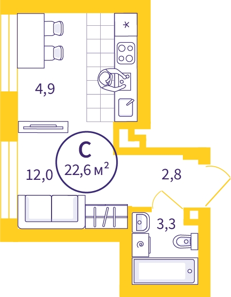 1-комнатная квартира (Студия) в ЖК HighWay на 4 этаже в 3 секции. Сдача в 4 кв. 2023 г.