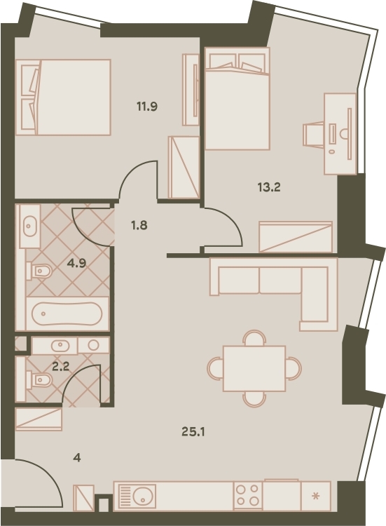 2-комнатная квартира в ЖК Родные кварталы на 5 этаже в 1 секции. Сдача в 3 кв. 2026 г.