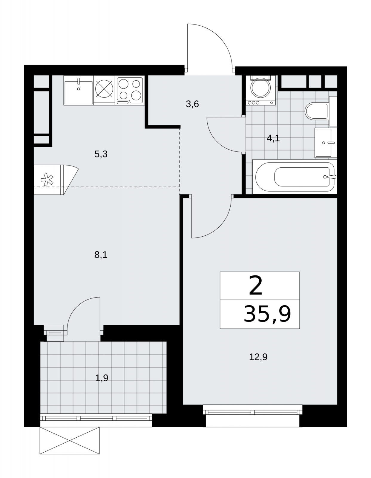 2-комнатная квартира в ЖК Императорские Мытищи на 1 этаже в 8 секции. Сдача в 3 кв. 2023 г.