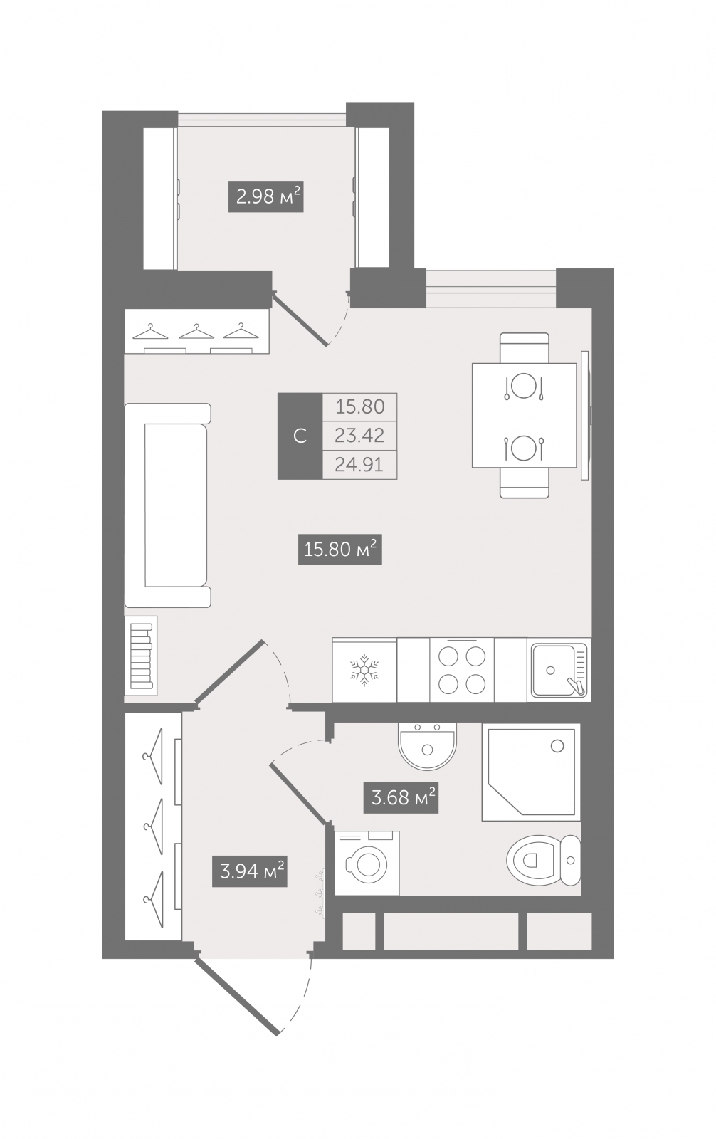 1-комнатная квартира в ЖК SOUL на 18 этаже в 1 секции. Сдача в 4 кв. 2026 г.