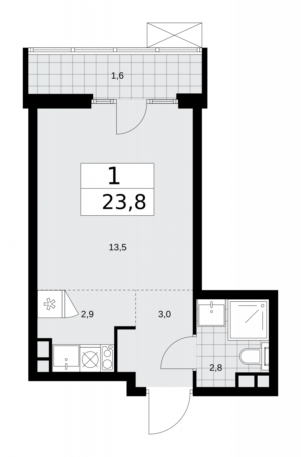 1-комнатная квартира (Студия) в ЖК UP-квартал «Воронцовский» на 2 этаже в 3 секции. Сдача в 2 кв. 2026 г.