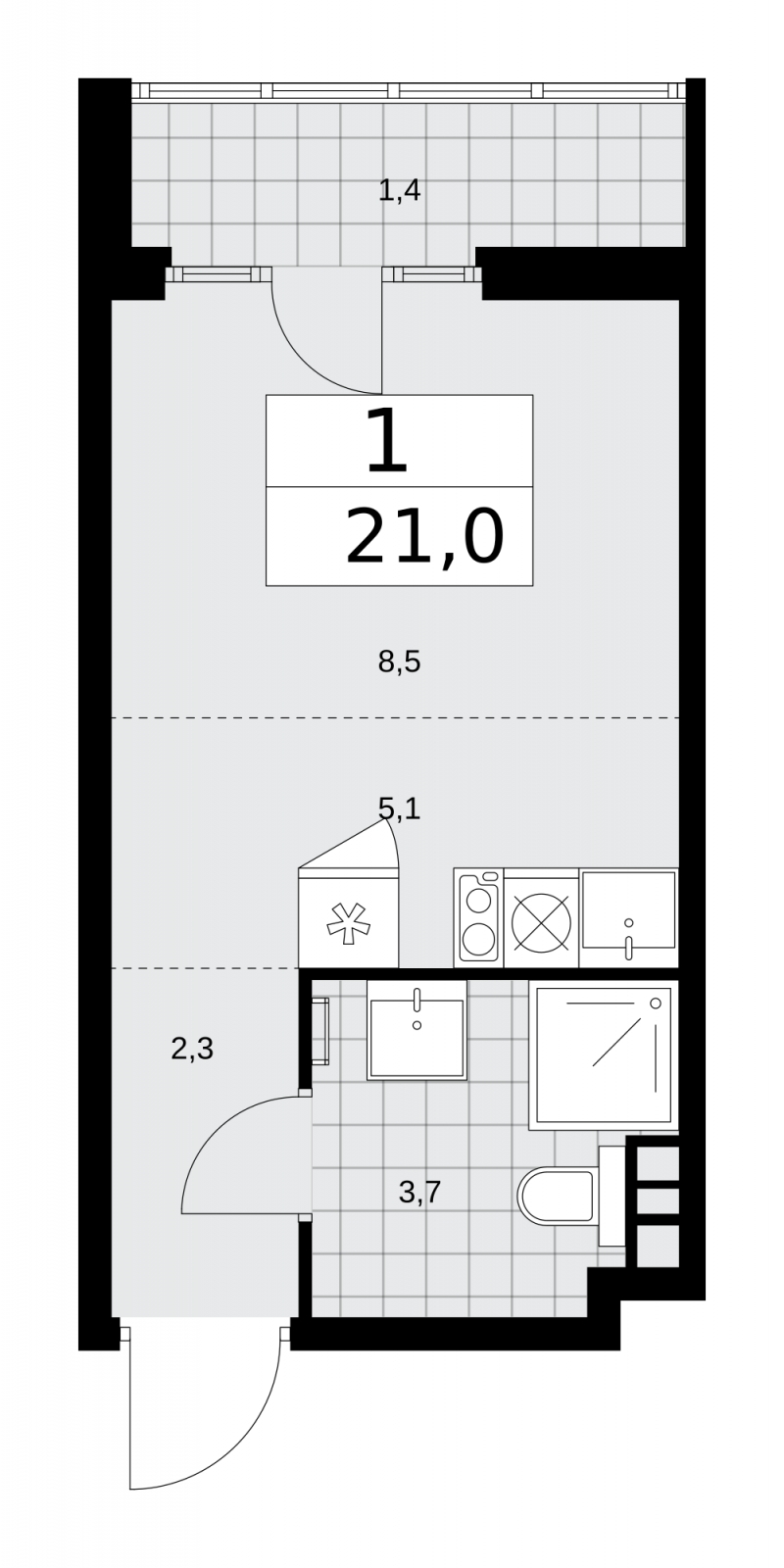 1-комнатная квартира в ЖК SOUL на 23 этаже в 1 секции. Сдача в 4 кв. 2026 г.