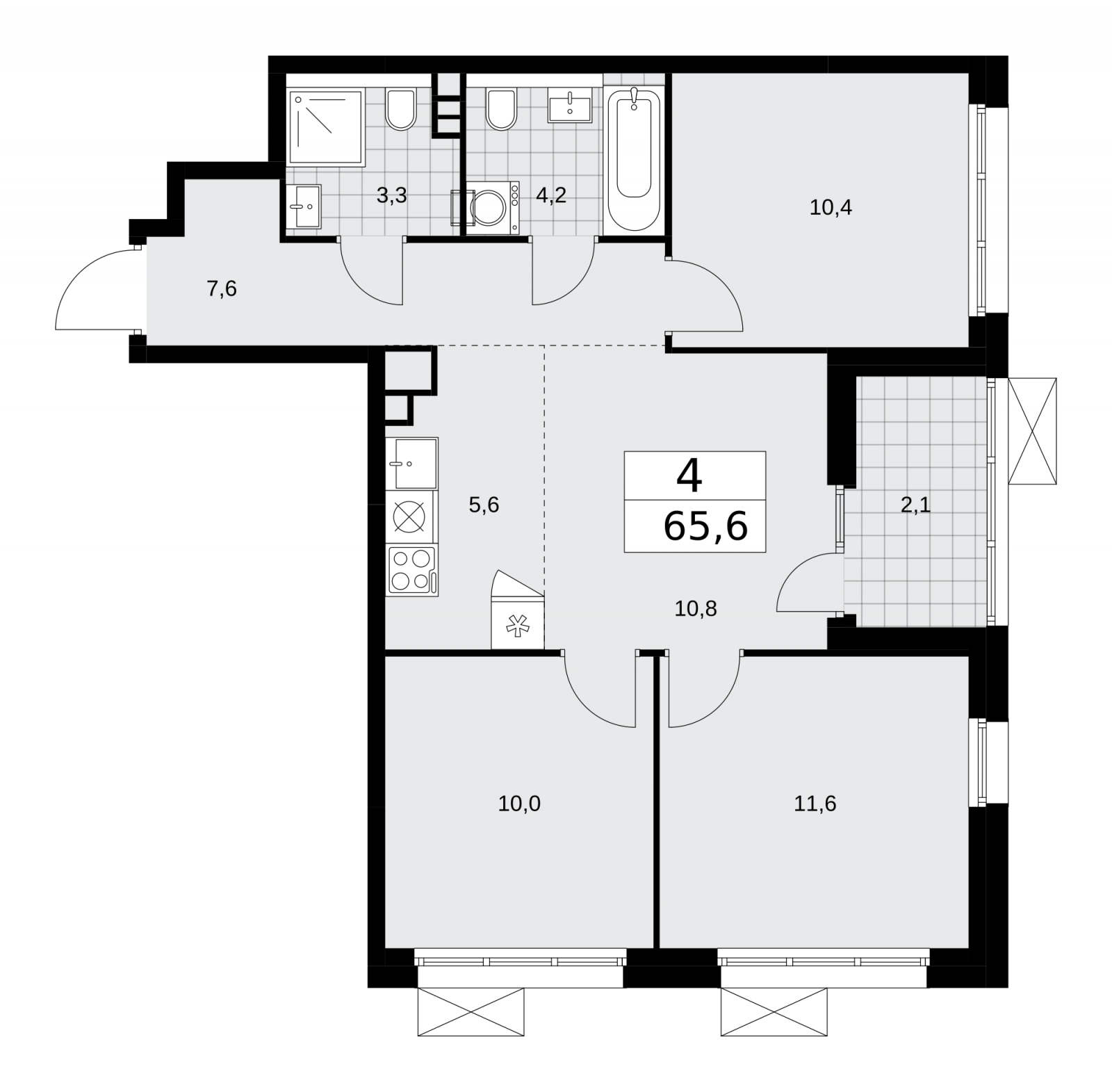 2-комнатная квартира с отделкой в ЖК Республики 205 на 15 этаже в 3 секции. Сдача в 1 кв. 2026 г.
