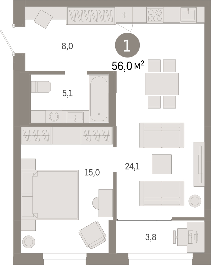 1-комнатная квартира в ЖК UP-квартал «Воронцовский» на 4 этаже в 3 секции. Сдача в 2 кв. 2026 г.