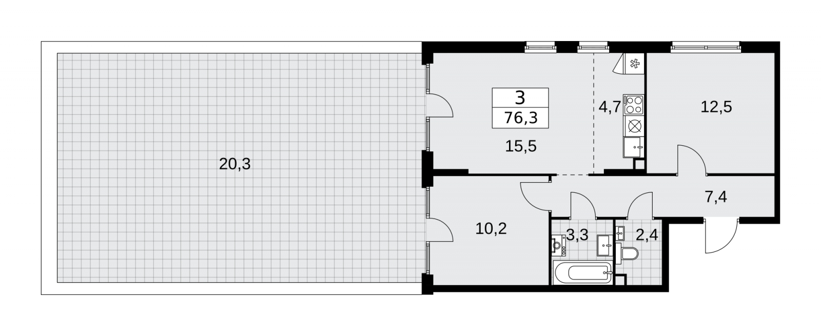 3-комнатная квартира с отделкой в ЖК Республики 205 на 6 этаже в 4 секции. Сдача в 1 кв. 2026 г.