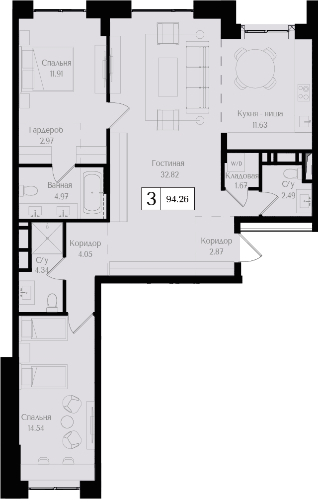 3-комнатная квартира в ЖК Родные кварталы на 4 этаже в 8 секции. Сдача в 3 кв. 2026 г.