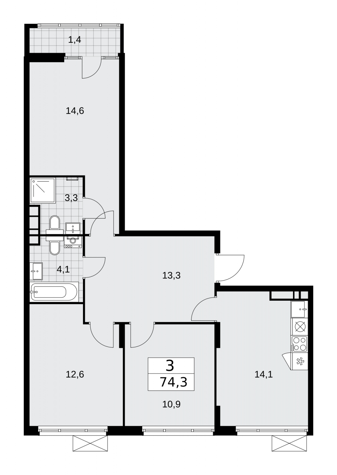 1-комнатная квартира с отделкой в ЖК Республики 205 на 11 этаже в 3 секции. Сдача в 1 кв. 2026 г.