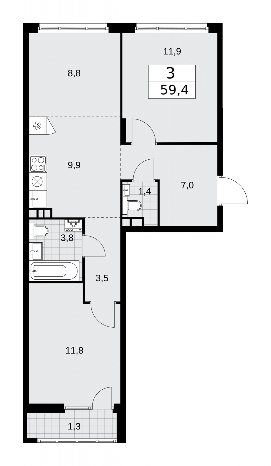 3-комнатная квартира с отделкой в ЖК Республики 205 на 5 этаже в 3 секции. Сдача в 4 кв. 2025 г.