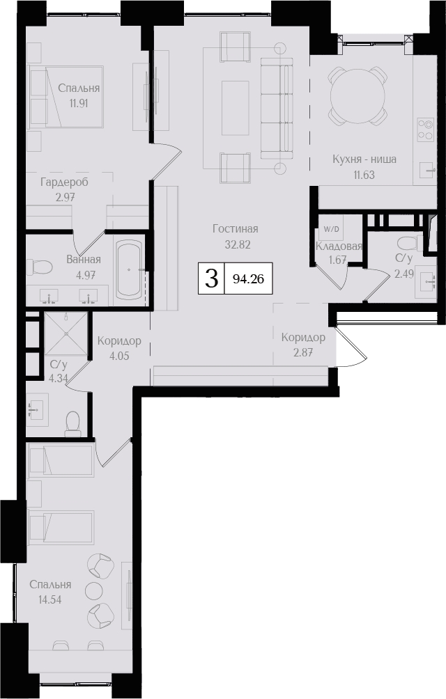 3-комнатная квартира с отделкой в ЖК Республики 205 на 7 этаже в 3 секции. Сдача в 4 кв. 2025 г.