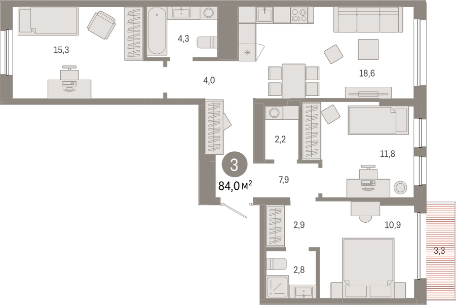 2-комнатная квартира в ЖК Родные кварталы на 8 этаже в 8 секции. Сдача в 3 кв. 2026 г.