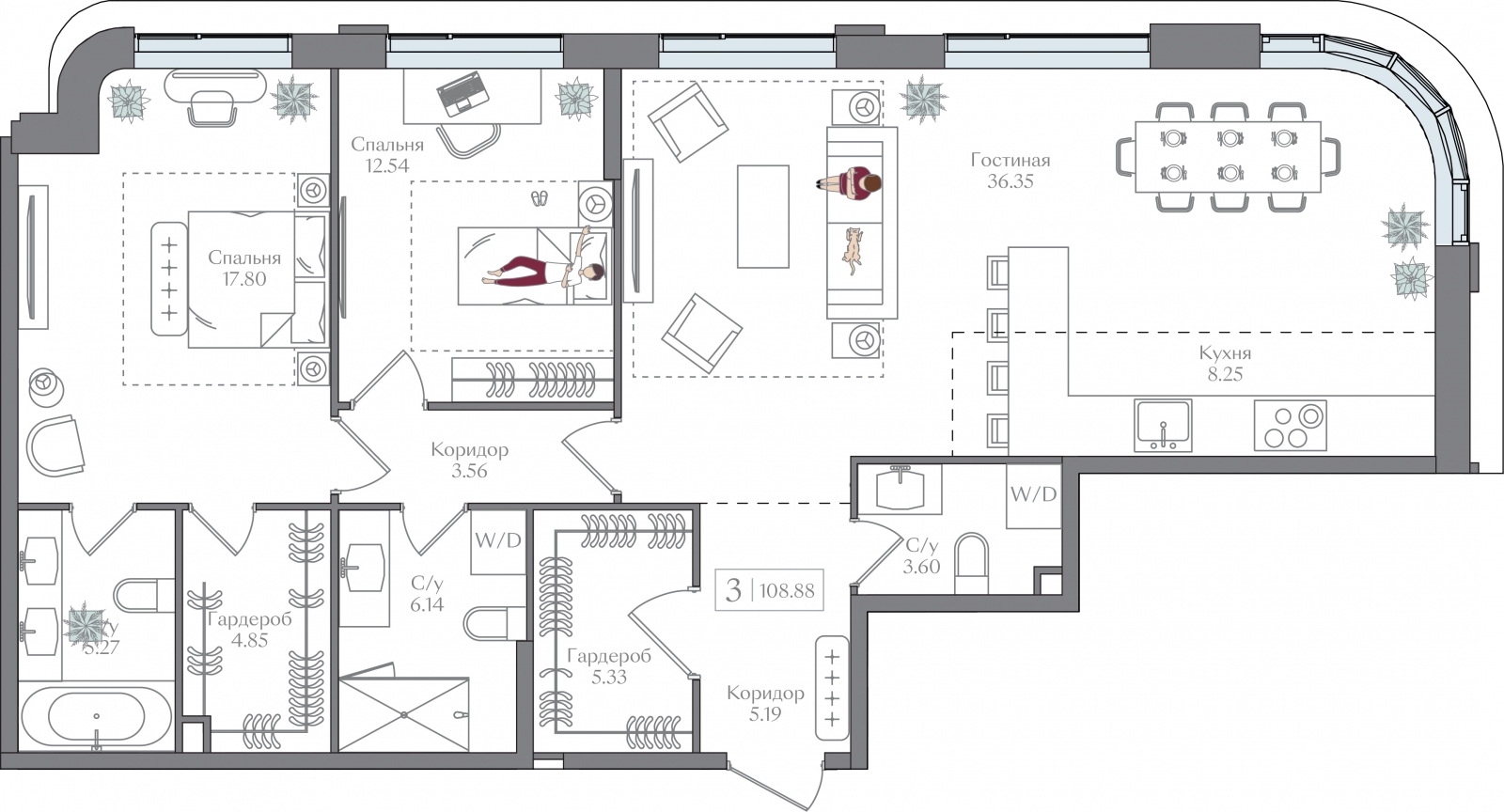 3-комнатная квартира в ЖК Родные кварталы на 2 этаже в 7 секции. Сдача в 3 кв. 2026 г.