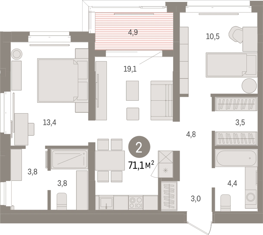 2-комнатная квартира в ЖК UP-квартал «Воронцовский» на 7 этаже в 3 секции. Сдача в 2 кв. 2026 г.