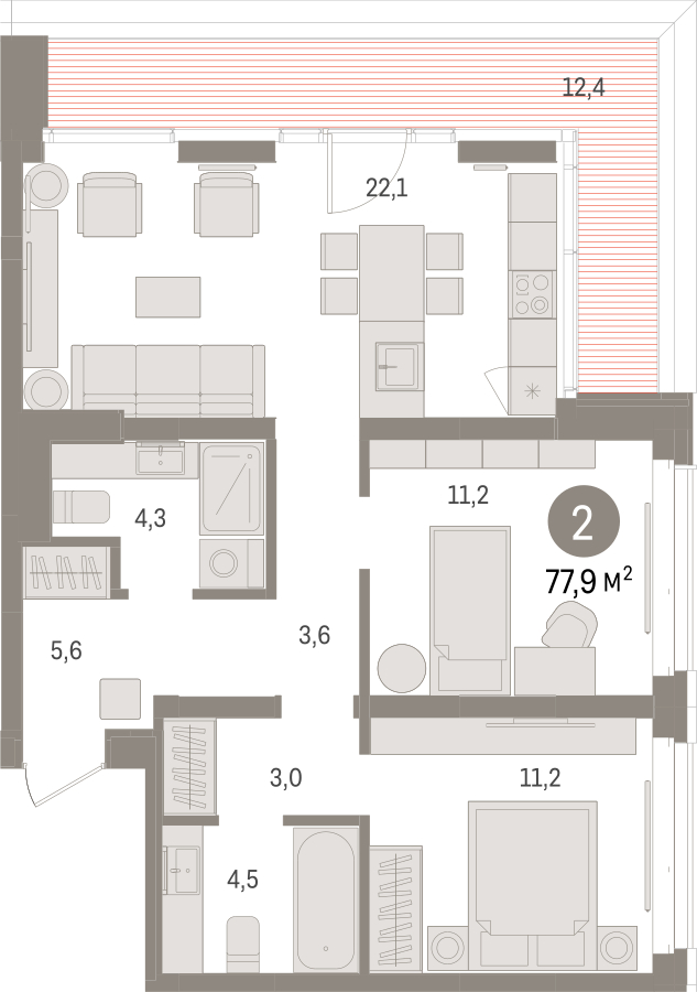 3-комнатная квартира в ЖК Деснаречье на 4 этаже в 2 секции. Сдача в 1 кв. 2026 г.