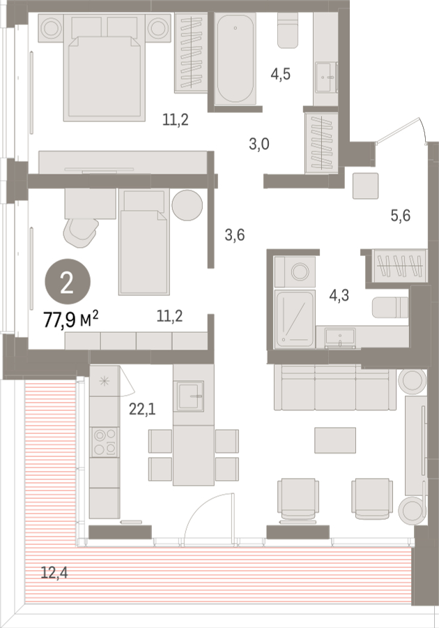 3-комнатная квартира с отделкой в ЖК Республики 205 на 14 этаже в 1 секции. Сдача в 4 кв. 2025 г.