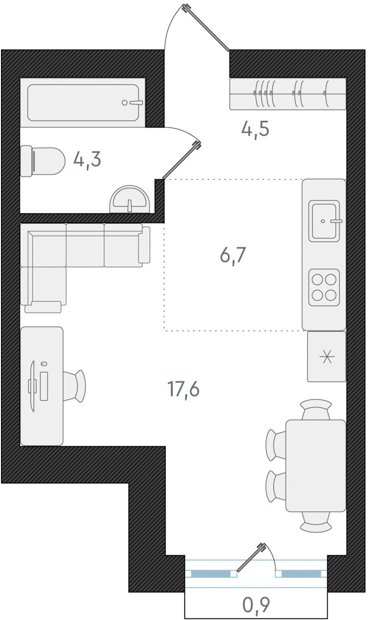1-комнатная квартира (Студия) с отделкой в ЖК UP-квартал «Воронцовский» на 9 этаже в 2 секции. Сдача в 2 кв. 2026 г.
