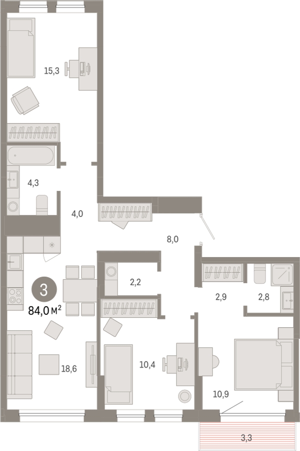 3-комнатная квартира в ЖК Деснаречье на 13 этаже в 2 секции. Сдача в 1 кв. 2026 г.