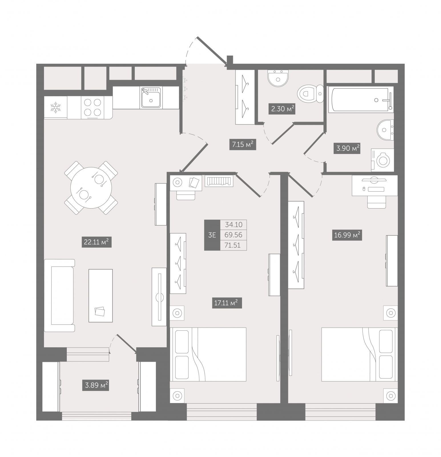 1-комнатная квартира (Студия) в ЖК А101 Всеволожск на 2 этаже в 1 секции. Сдача в 3 кв. 2025 г.