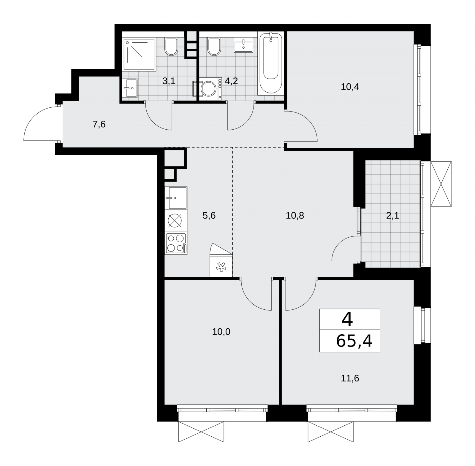 4-комнатная квартира в ЖК Деснаречье на 5 этаже в 3 секции. Сдача в 1 кв. 2026 г.