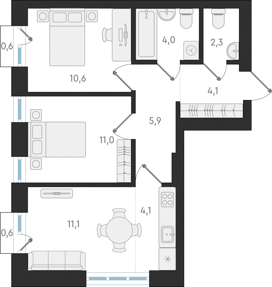 2-комнатная квартира в ЖК Деснаречье на 2 этаже в 3 секции. Сдача в 1 кв. 2026 г.