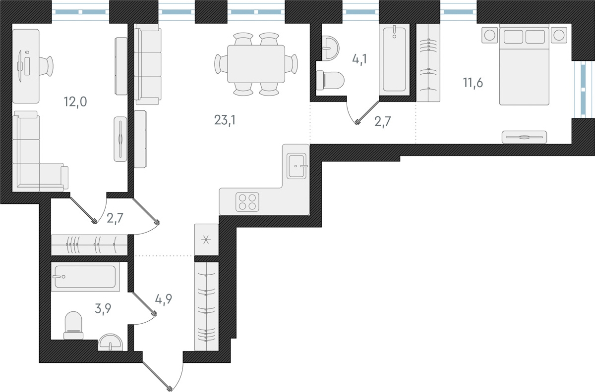3-комнатная квартира в ЖК UP-квартал «Воронцовский» на 12 этаже в 3 секции. Сдача в 2 кв. 2026 г.