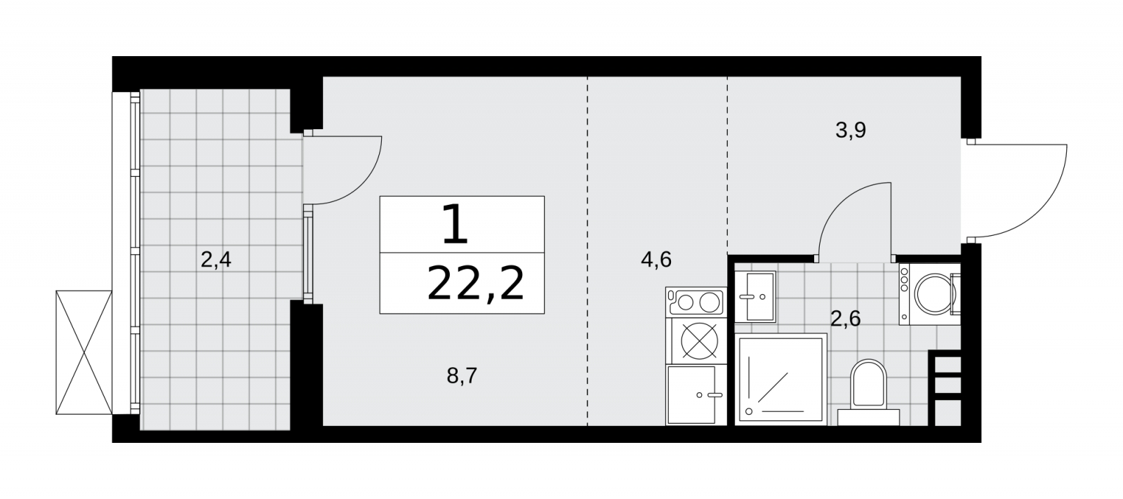 1-комнатная квартира (Студия) в ЖК Деснаречье на 12 этаже в 3 секции. Сдача в 1 кв. 2026 г.