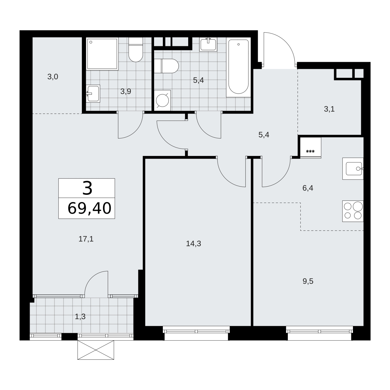 1-комнатная квартира (Студия) с отделкой в ЖК Родные кварталы на 7 этаже в 3 секции. Сдача в 4 кв. 2026 г.