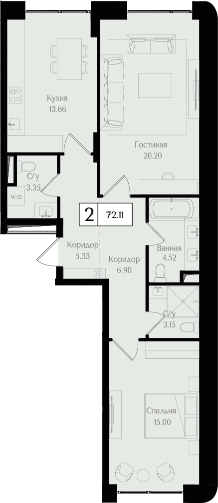 2-комнатная квартира в ЖК UP-квартал «Воронцовский» на 5 этаже в 3 секции. Сдача в 2 кв. 2026 г.