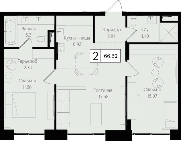3-комнатная квартира в ЖК UP-квартал «Воронцовский» на 9 этаже в 3 секции. Сдача в 2 кв. 2026 г.