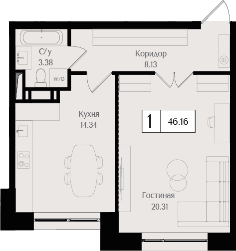 1-комнатная квартира в ЖК UP-квартал «Воронцовский» на 6 этаже в 3 секции. Сдача в 2 кв. 2026 г.
