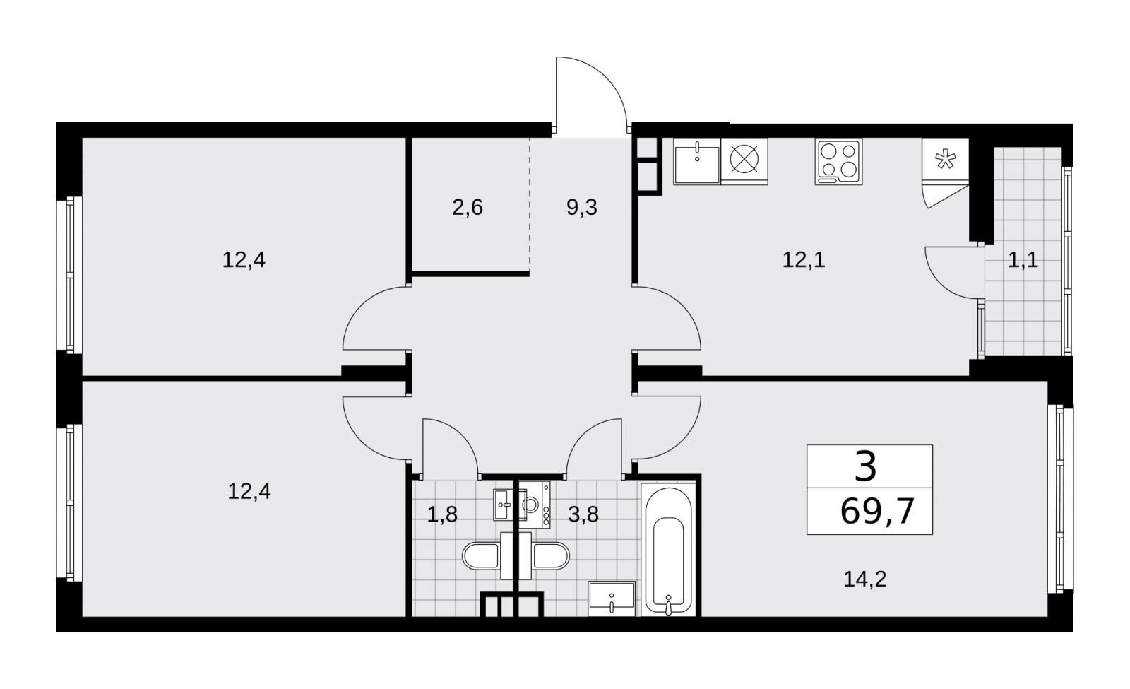 1-комнатная квартира (Студия) в ЖК Деснаречье на 7 этаже в 3 секции. Сдача в 1 кв. 2026 г.