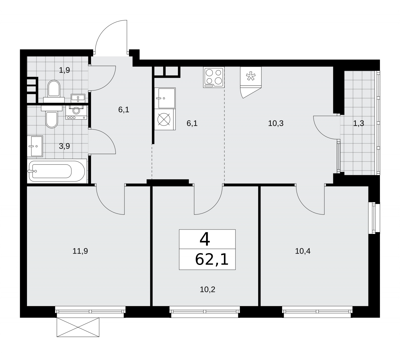 4-комнатная квартира в ЖК Деснаречье на 12 этаже в 4 секции. Сдача в 1 кв. 2026 г.