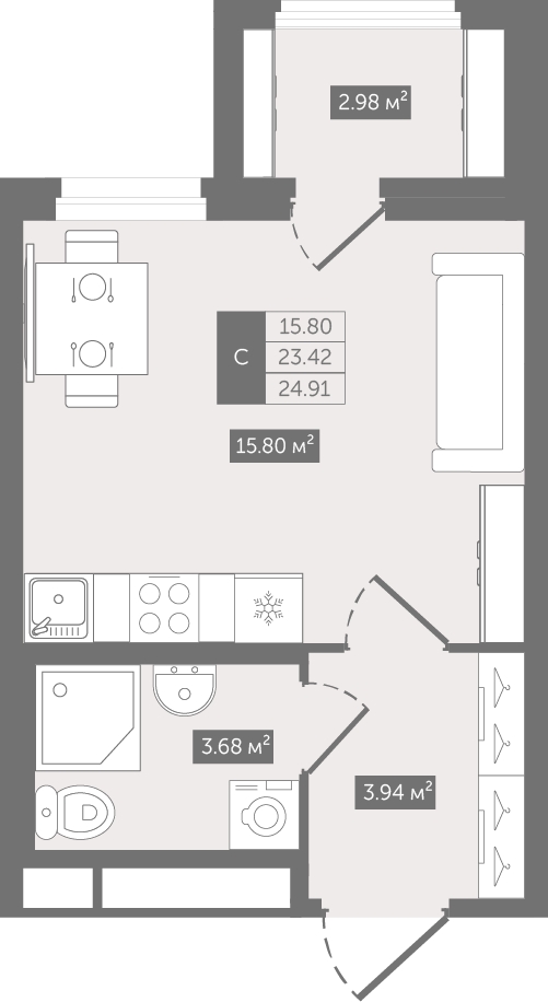 1-комнатная квартира (Студия) с отделкой в ЖК Родные кварталы на 2 этаже в 5 секции. Сдача в 4 кв. 2026 г.