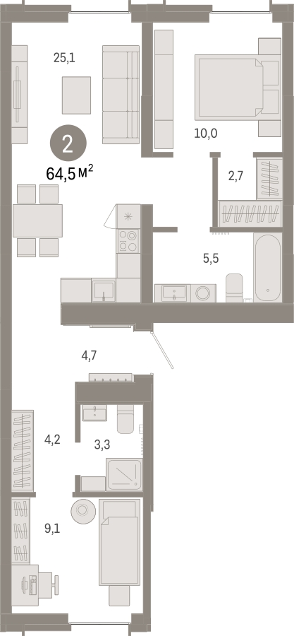 2-комнатная квартира в ЖК Михалковский на 18 этаже в 2 секции. Сдача в 1 кв. 2023 г.